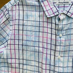 Tommy Bahama Blue and Pink 100% Linen Plaid  Button Down Shirt Size XXL vacation